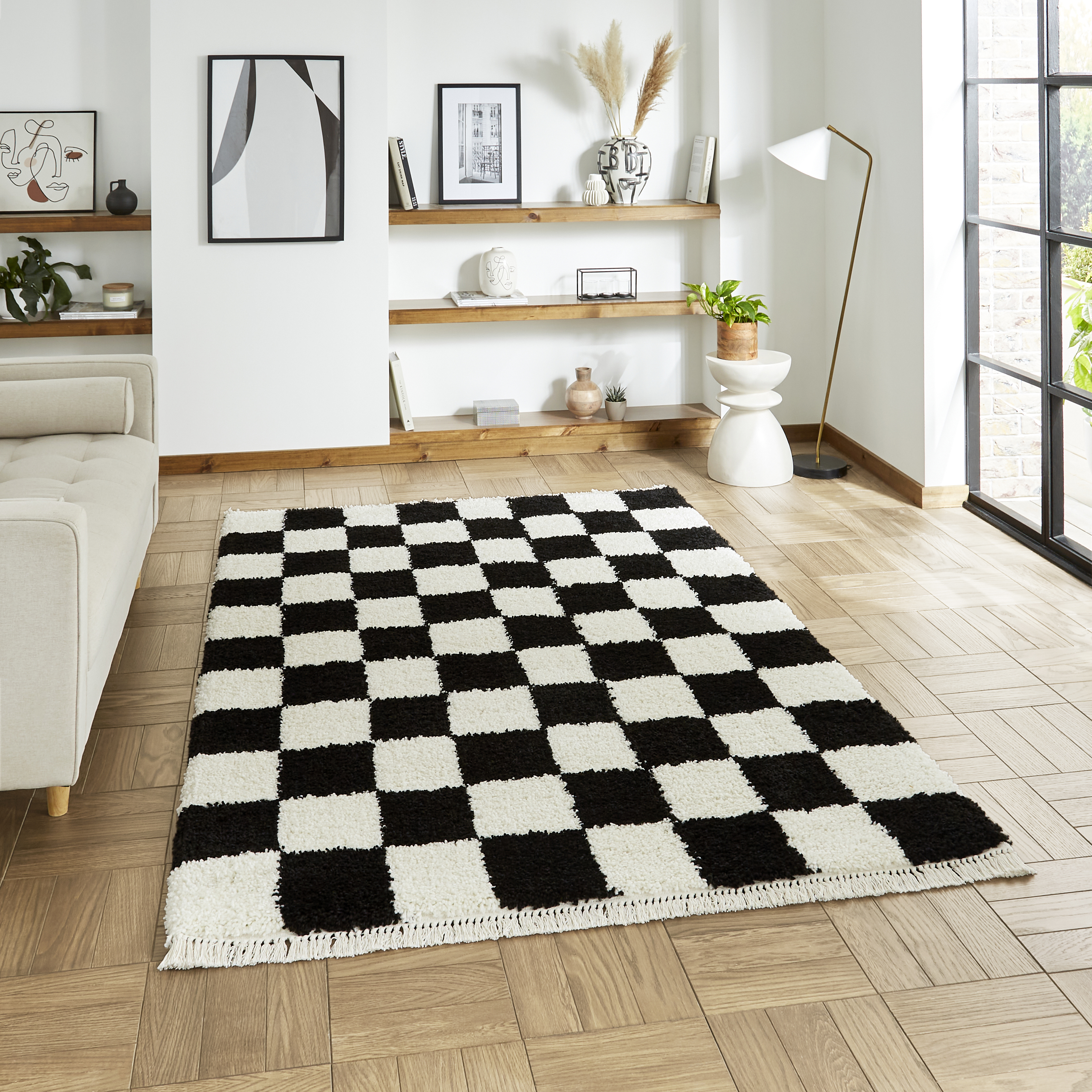 Boho 9433 Checkerboard Shaggy Modern Rugs In Black White